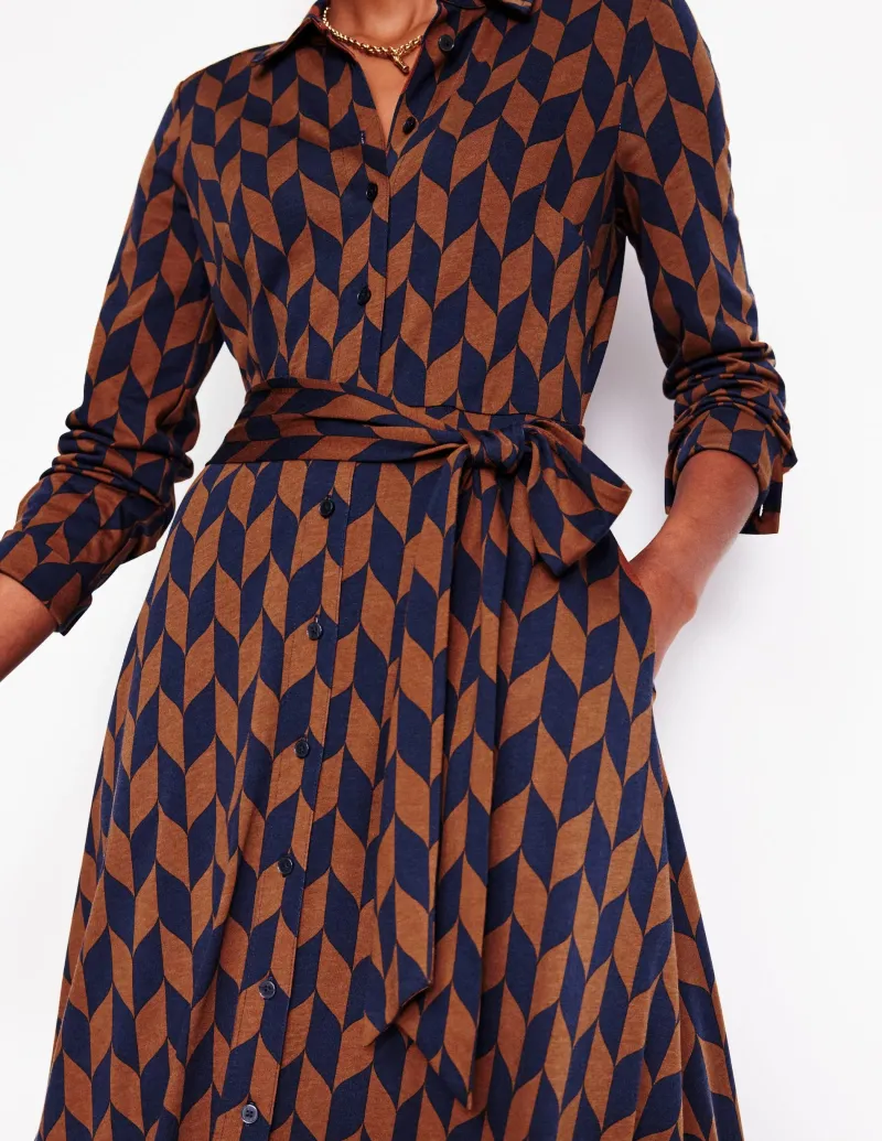 Kleider & Jumpsuits | Kleider In Petite | Boden Marcia Midi-Hemdblusenkleid aus Jersey-Cognak, Motiv Chevron-Swirl Cognak,MotivChevron-Swirl