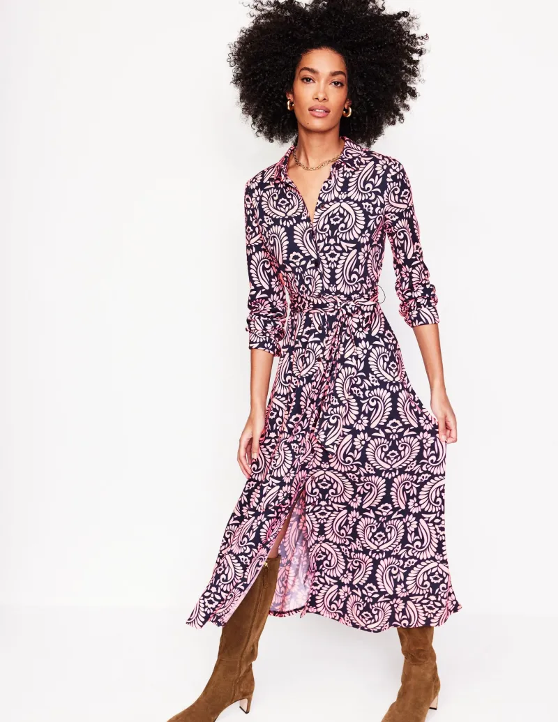 Kleider & Jumpsuits | Kleider In Petite | Boden Marcia Midi-Hemdblusenkleid aus Jersey-Milchshake, Dekorative Blumen Milchshake,DekorativeBlumen