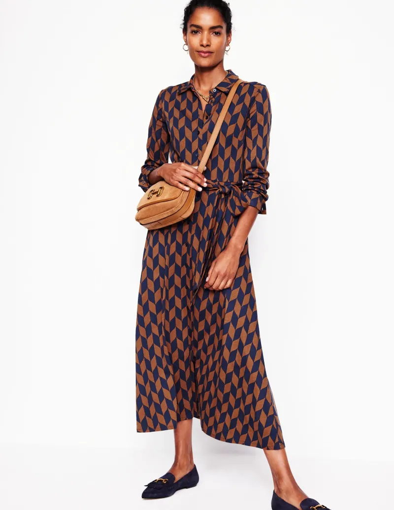 Kleider & Jumpsuits | Kleider In Petite | Boden Marcia Midi-Hemdblusenkleid aus Jersey-Cognak, Motiv Chevron-Swirl Cognak,MotivChevron-Swirl