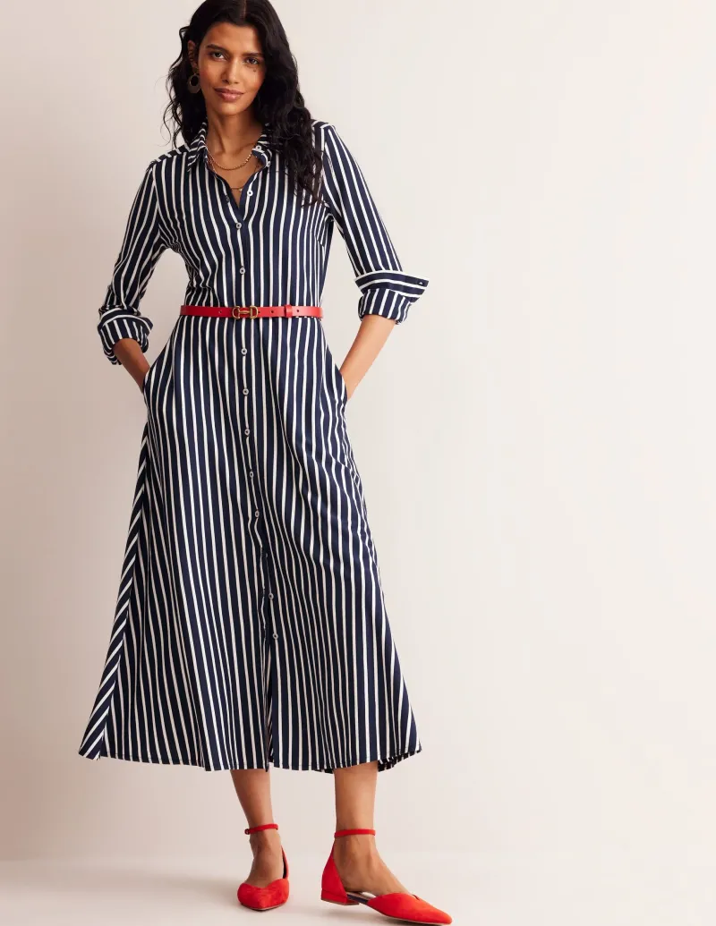 Kleider & Jumpsuits | Kleider In Petite | Boden Marcia Midi-Hemdblusenkleid aus Jersey-Marineblau, Naturweiß Streifen Marineblau,NaturweißStreifen