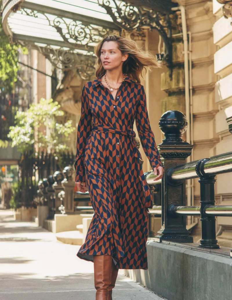 Kleider & Jumpsuits | Kleider In Petite | Boden Marcia Midi-Hemdblusenkleid aus Jersey-Cognak, Motiv Chevron-Swirl Cognak,MotivChevron-Swirl