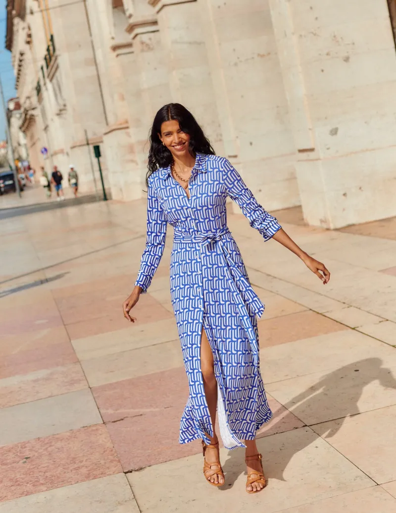 Kleider & Jumpsuits | Kleider In Petite | Boden Marcia Midi-Hemdblusenkleid aus Jersey-Saphirblau, Motiv Falling Geo Saphirblau,MotivFallingGeo