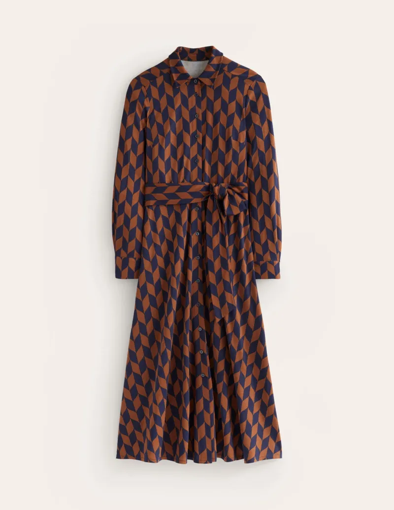 Kleider & Jumpsuits | Kleider In Petite | Boden Marcia Midi-Hemdblusenkleid aus Jersey-Cognak, Motiv Chevron-Swirl Cognak,MotivChevron-Swirl