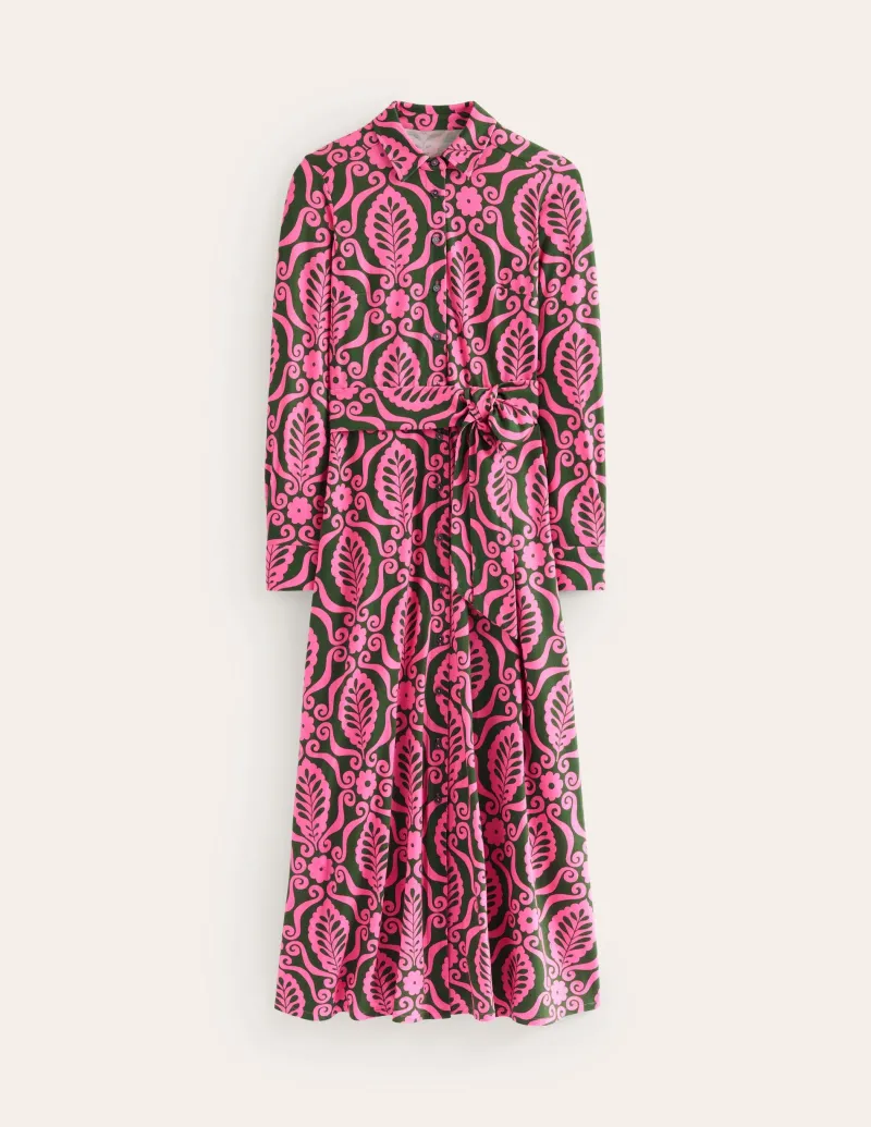 Kleider & Jumpsuits | Kleider In Petite | Boden Marcia Midi-Hemdblusenkleid aus Jersey-Festliches Rosa, Blattstempel FestlichesRosa,Blattstempel