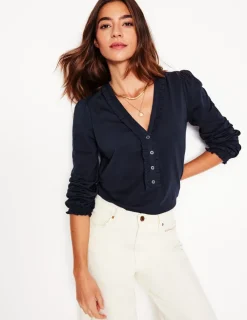 Hemden | T-shirts & Tops | Boden Poppy Henley-Shirt mit Rüschen-Aqua Marine Marl AquaMarineMarl
