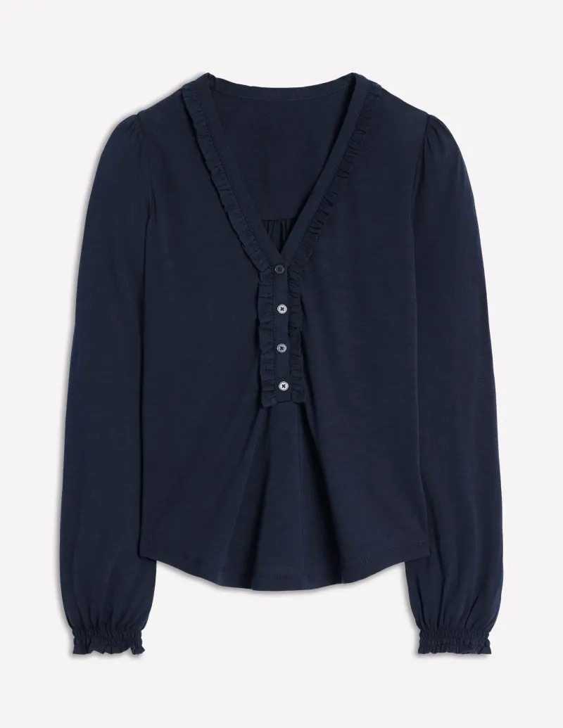 Hemden | T-shirts & Tops | Boden Poppy Henley-Shirt mit Rüschen-Aqua Marine Marl AquaMarineMarl