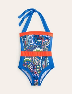 Bademode | Boden Santorini Neckholder-Badeanzug-Blau, Blätter Paisley Blau,BlätterPaisley