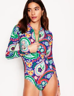 Bademode | Boden Sportlicher Badeanzug mit Raglanärmeln-Bunt, Wiesen-Paisley Bunt,Wiesen-Paisley