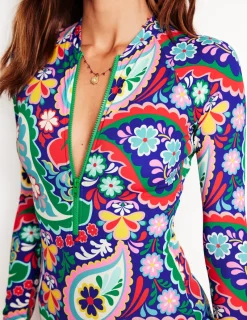 Bademode | Boden Sportlicher Badeanzug mit Raglanärmeln-Bunt, Wiesen-Paisley Bunt,Wiesen-Paisley