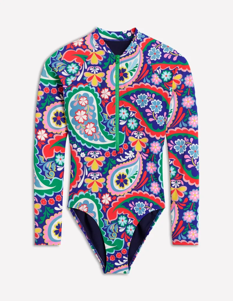Bademode | Boden Sportlicher Badeanzug mit Raglanärmeln-Bunt, Wiesen-Paisley Bunt,Wiesen-Paisley