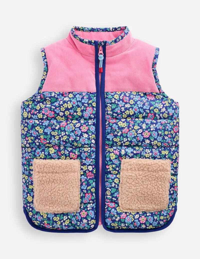 Mäntel & Jacken | Boden Weste aus Borg-Mix und Kragen-Saphirblau Nautisches Blumenmuster SaphirblauNautischesBlumenmuster