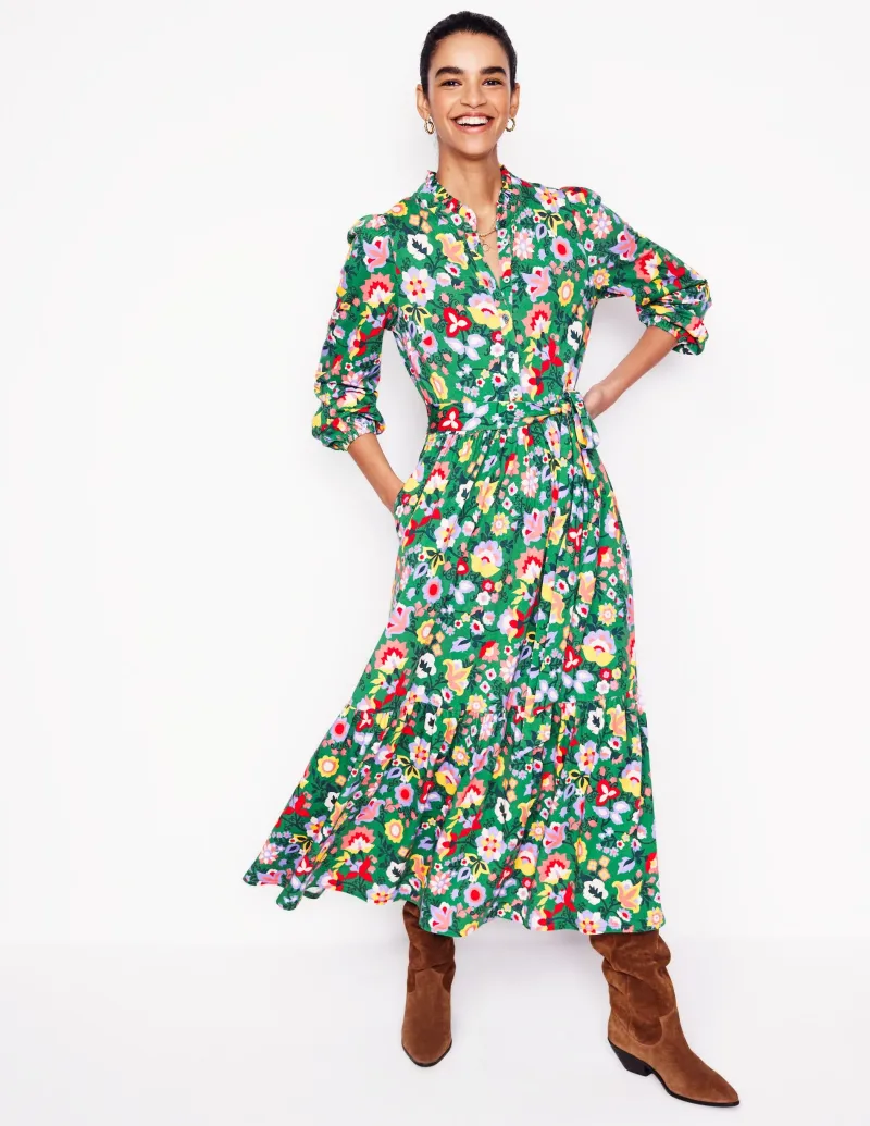 Kleider & Jumpsuits | Midi | Boden Willow Gestuftes Jerseykleid-Waldgras, Blühende Rebe Waldgras,BlühendeRebe